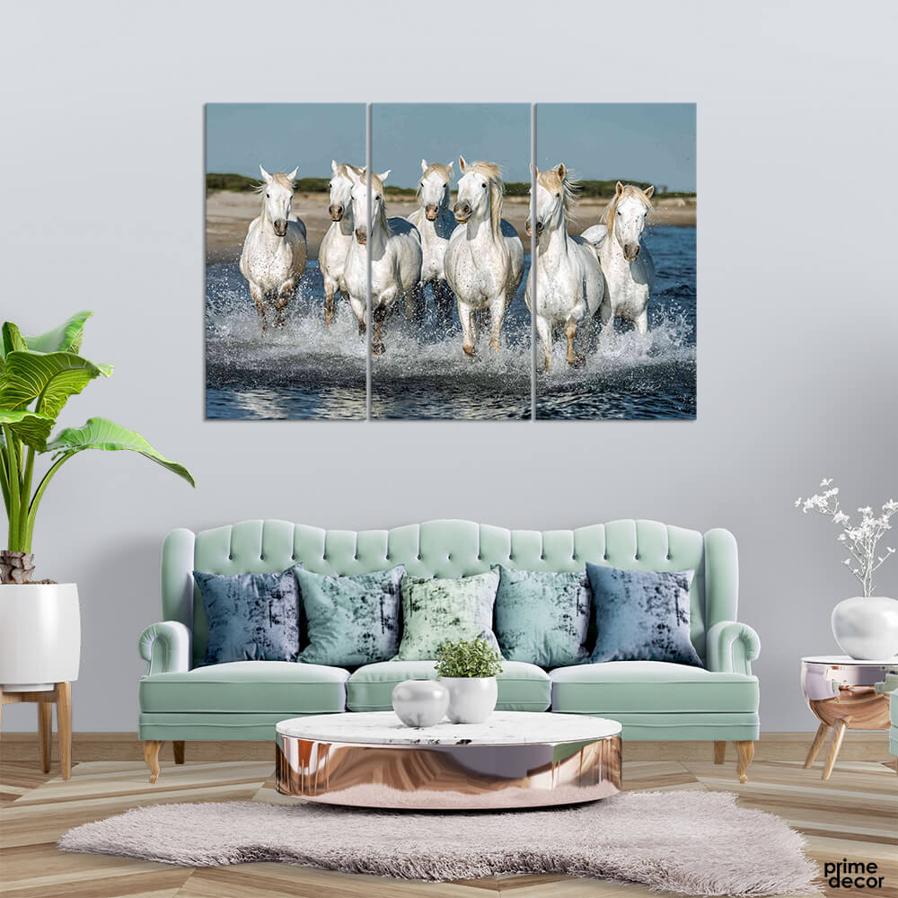 White Horses Running on the Seashore (3 Panel) Animal Wall Art - Prime Décor