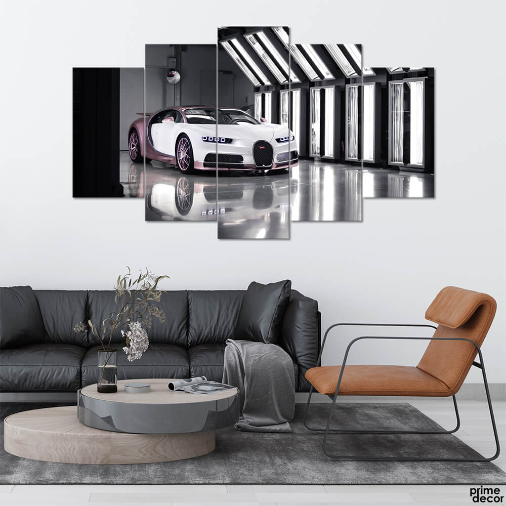 White & Purple Bugatti Chiron (5 Panel) Cars Wall Art - Prime Décor