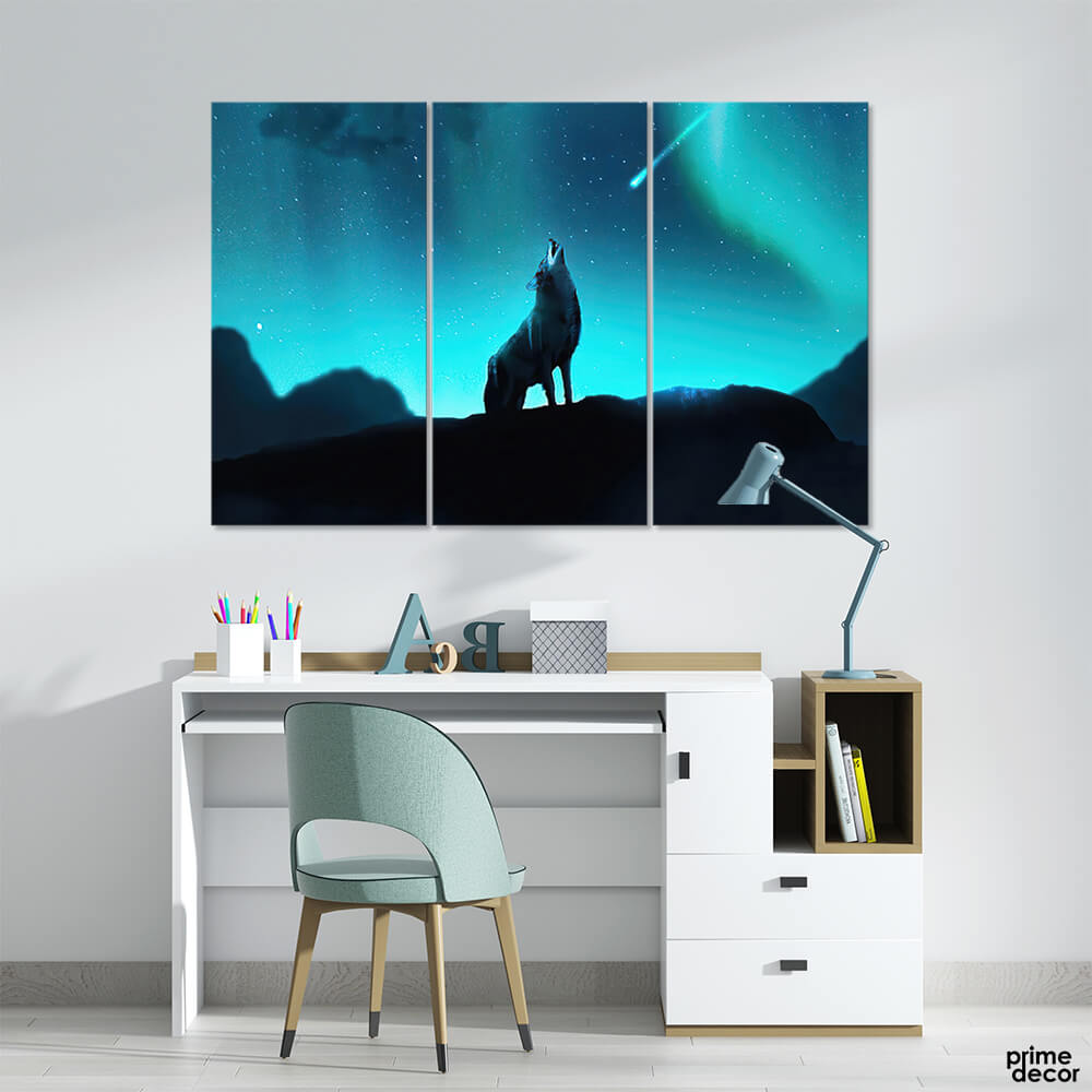 Wolf Howling at Stars in Northern Lights (3 Panel) Animal Wall Art - Prime Décor