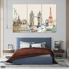World Iconic Monuments in Watercolor (3 Panel) Architecture Wall Art On Sale - Prime Décor