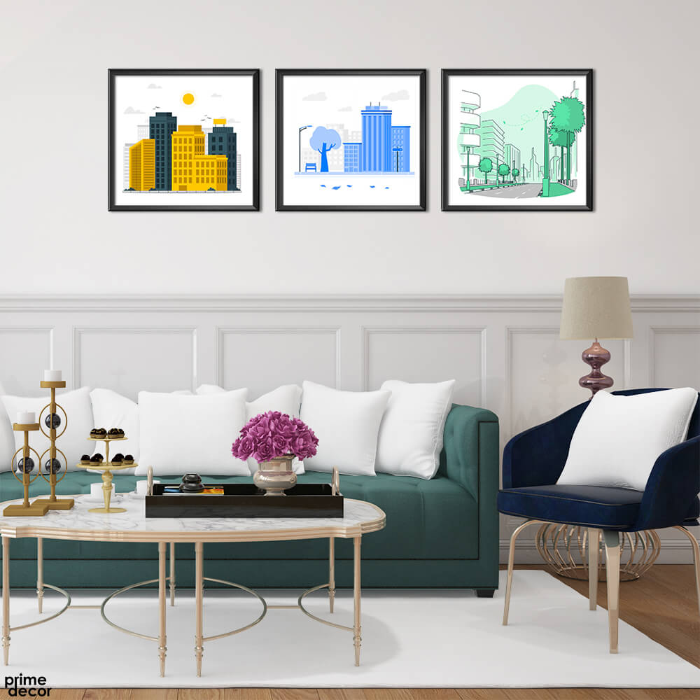 Yellow Blue And Green Buildings Architecture (3 Panel) Square Wall Art - Prime Décor