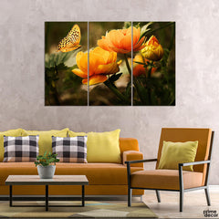 Yellow Butterfly on Tulips (3 Panel) Floral Wall Art - Prime Décor