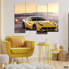 Yellow Ferrari in Front of Mountains (4 Panel) Cars Wall Art - Prime Décor