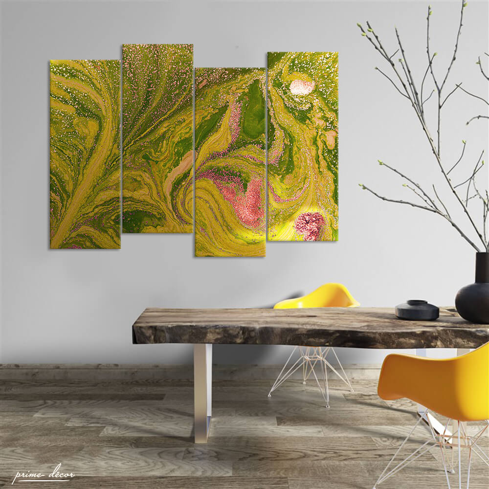 Yellow & Gold Sparkle Fluid (4 Panel) Abstract Wall Art - Prime Décor