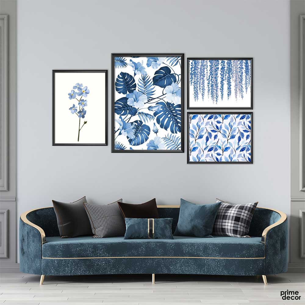 Blue Themed Floral Pattern (4 Panel) Pattern Wall Art - Prime Décor