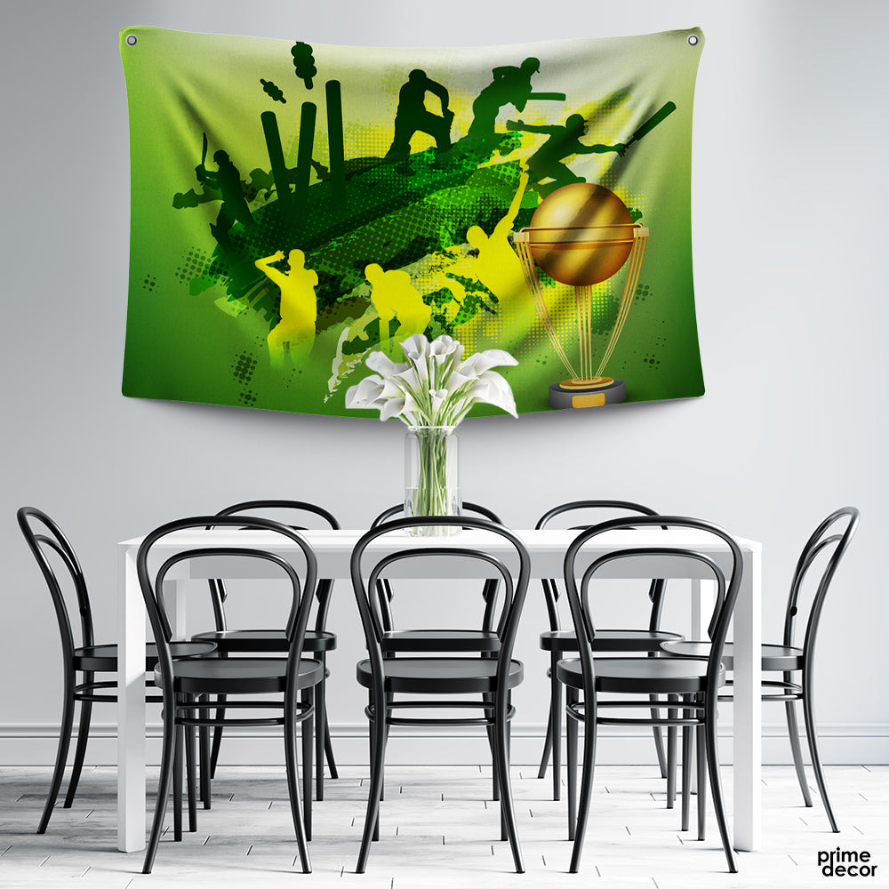 Green Cricket Illustration  | Sports Tapestry - Prime Décor
