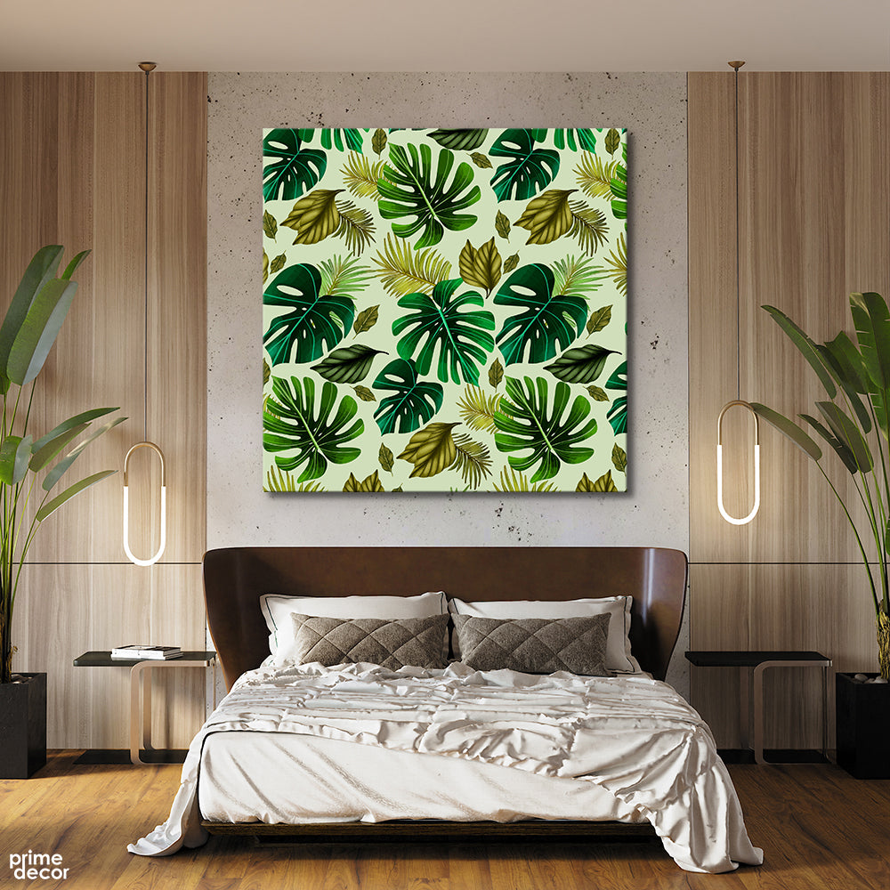 Green Tropical Style Leaves (Single Panel) Square Wall Art On Sale - Prime Décor