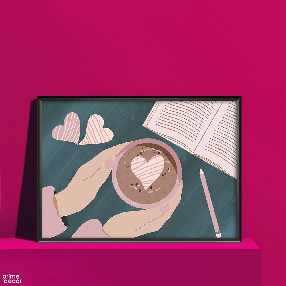 Hot Coffee & Book Reading | Cartoon Poster Wall Art - Prime Décor