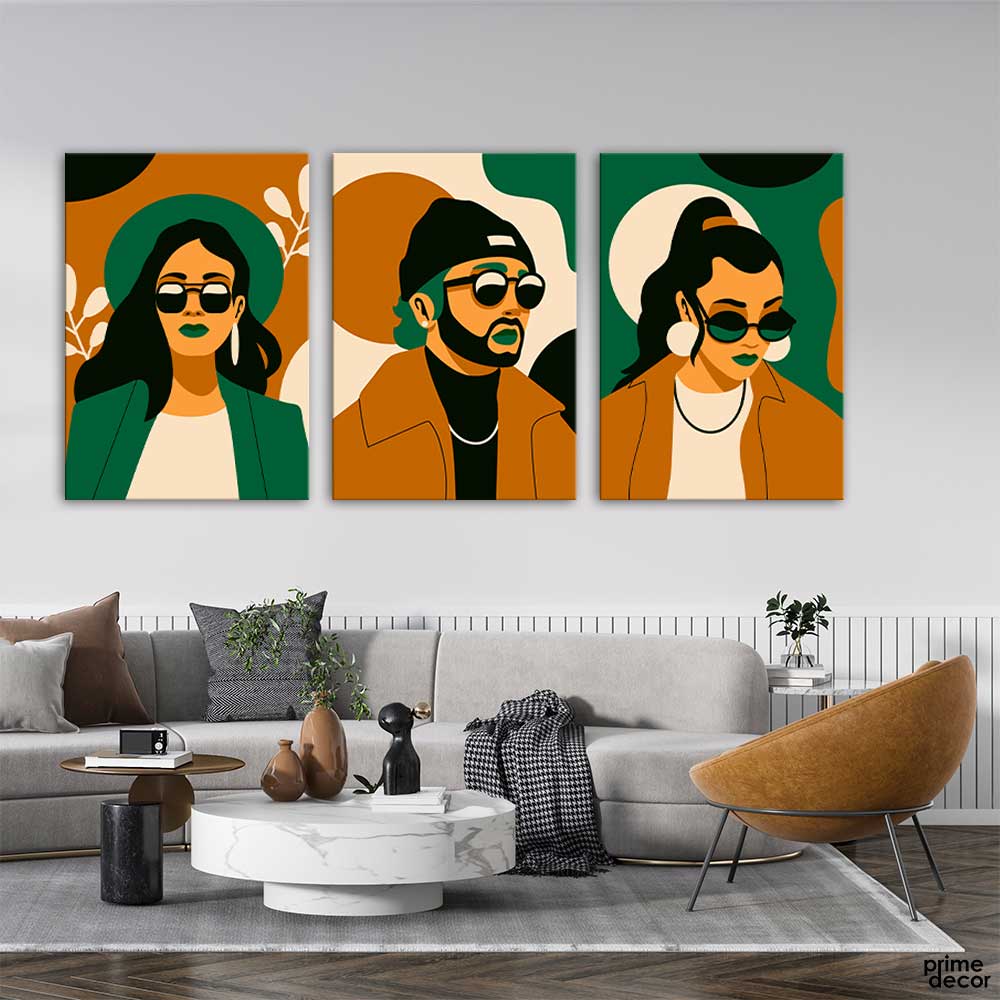 Trendy Fashion Portraits (3 Panel) Illustration Wall Art - Prime Décor